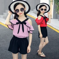 2pcs 2022 summer girls chiffon clothes outfits backless shoulderless straps tops shorts clothing for 4 6 7 8 10 12 14 years
