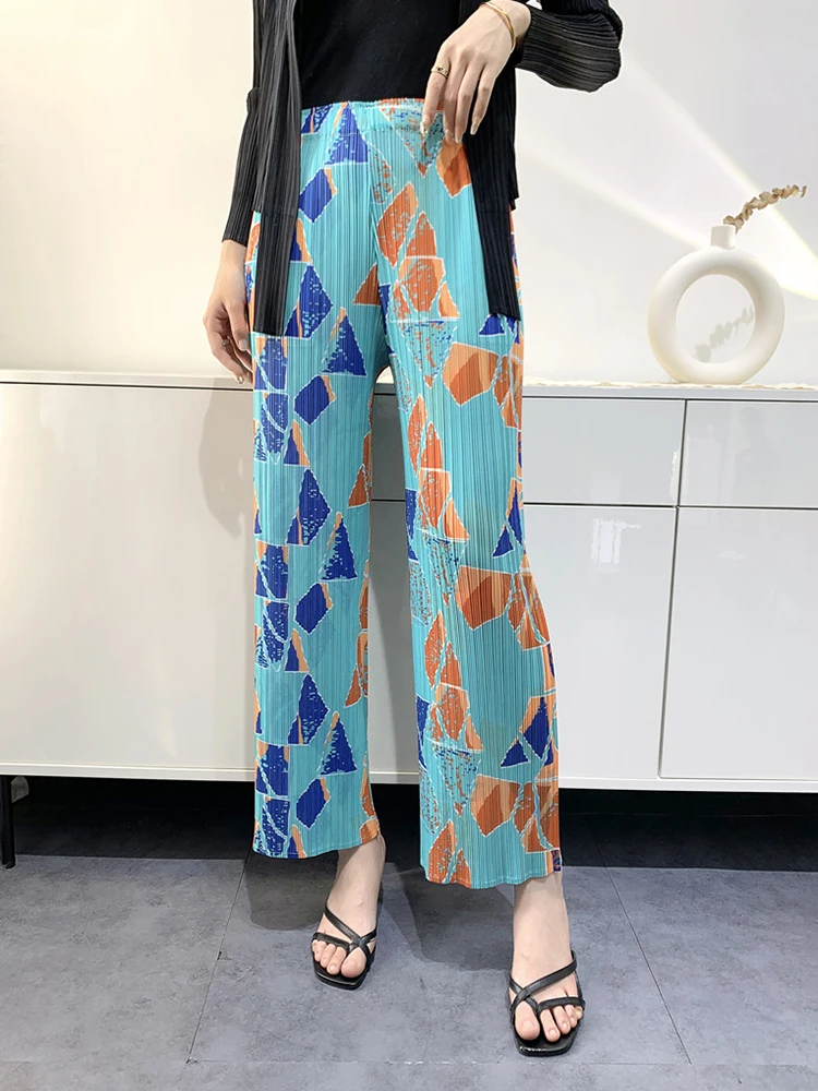 

Miyake Pleated Print Geometric Pattern Fashion Design Casual Loose Straight Type Women Summer High Elastic Chiffon Long Pants