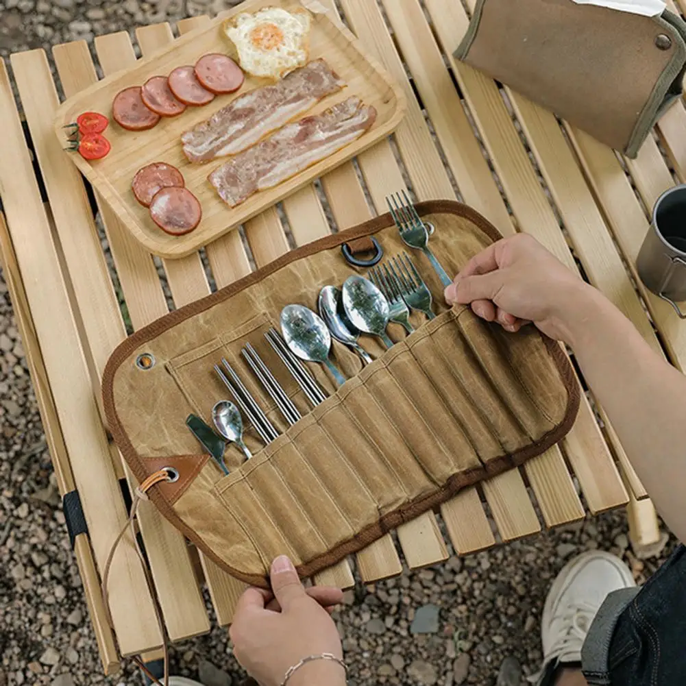 

Tableware Storage Bag Wildly Use Hanging Hole Multi-slot Design Outdoor Supplies Cutlery Set Bag Cutlery Package Bag