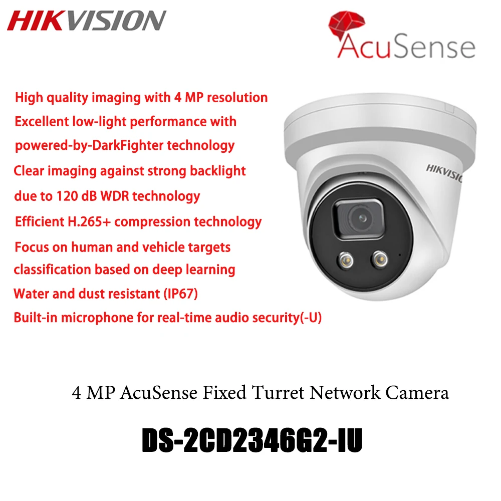 

Hikvision 4MP POE IP Camera DS-2CD2346G2-IU H.265+ IP67 Built-in mic 120 dB WDR AcuSense Fixed Turret hemisphere Network Camera