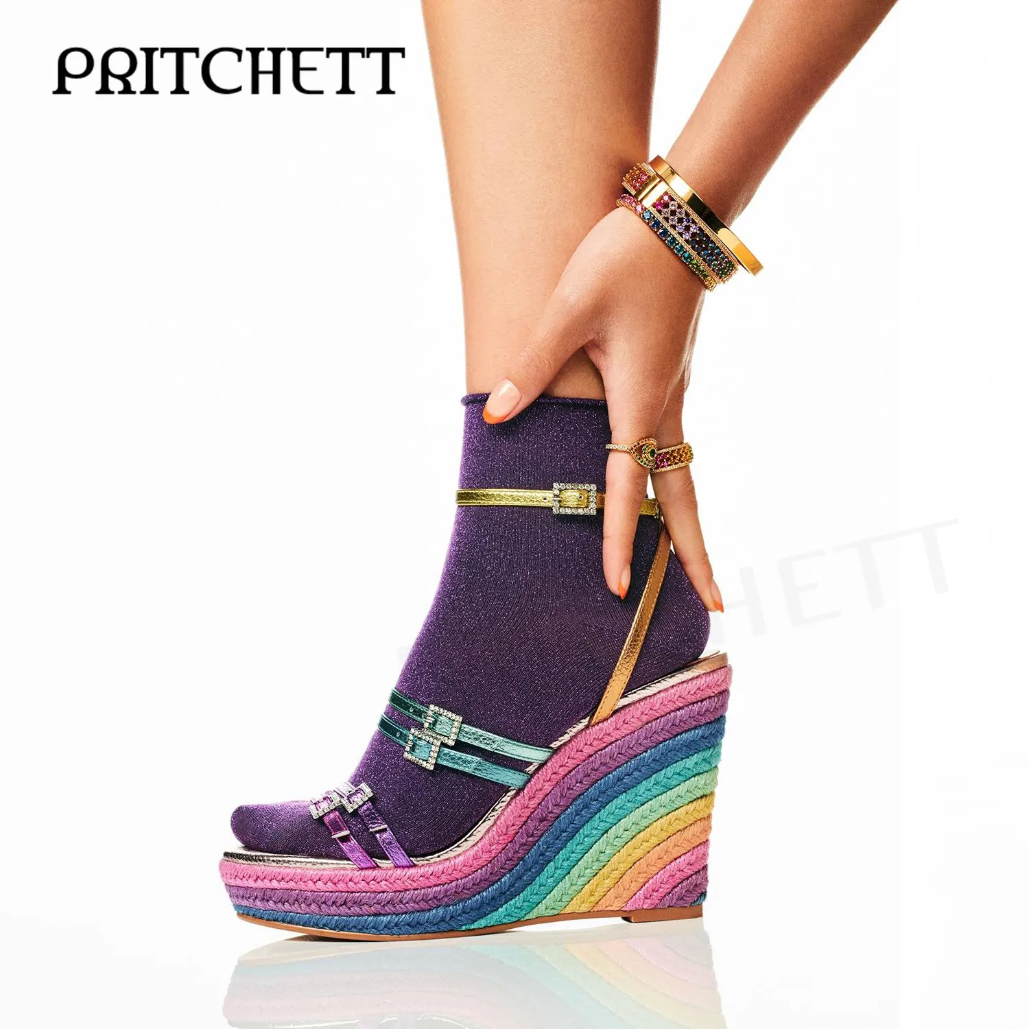 Rainbow-Print Espadrille Leather Wedges Sandals Silver Gemstone Buckle Strap Sandals Ankle Button Buckle Fashion Ladies Shoes