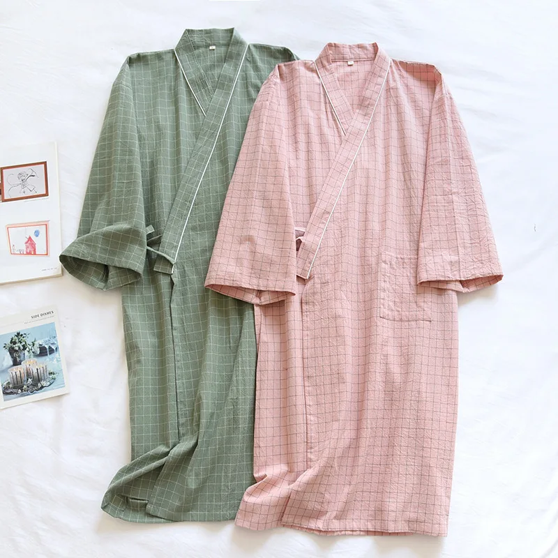 

Халат в клетку, ночная рубашка, длинный Домашний Мужской хлопковый Халат 100%, тонкая женская летняя пижама в японском стиле, Новая домашняя одежда для дам