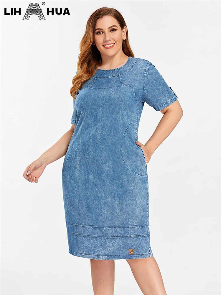LIH HUA Women's Plus Size Denim Dress Summer Chic Elegant Dresses For Chubby Women Round Neck Woven Cotton  Dress