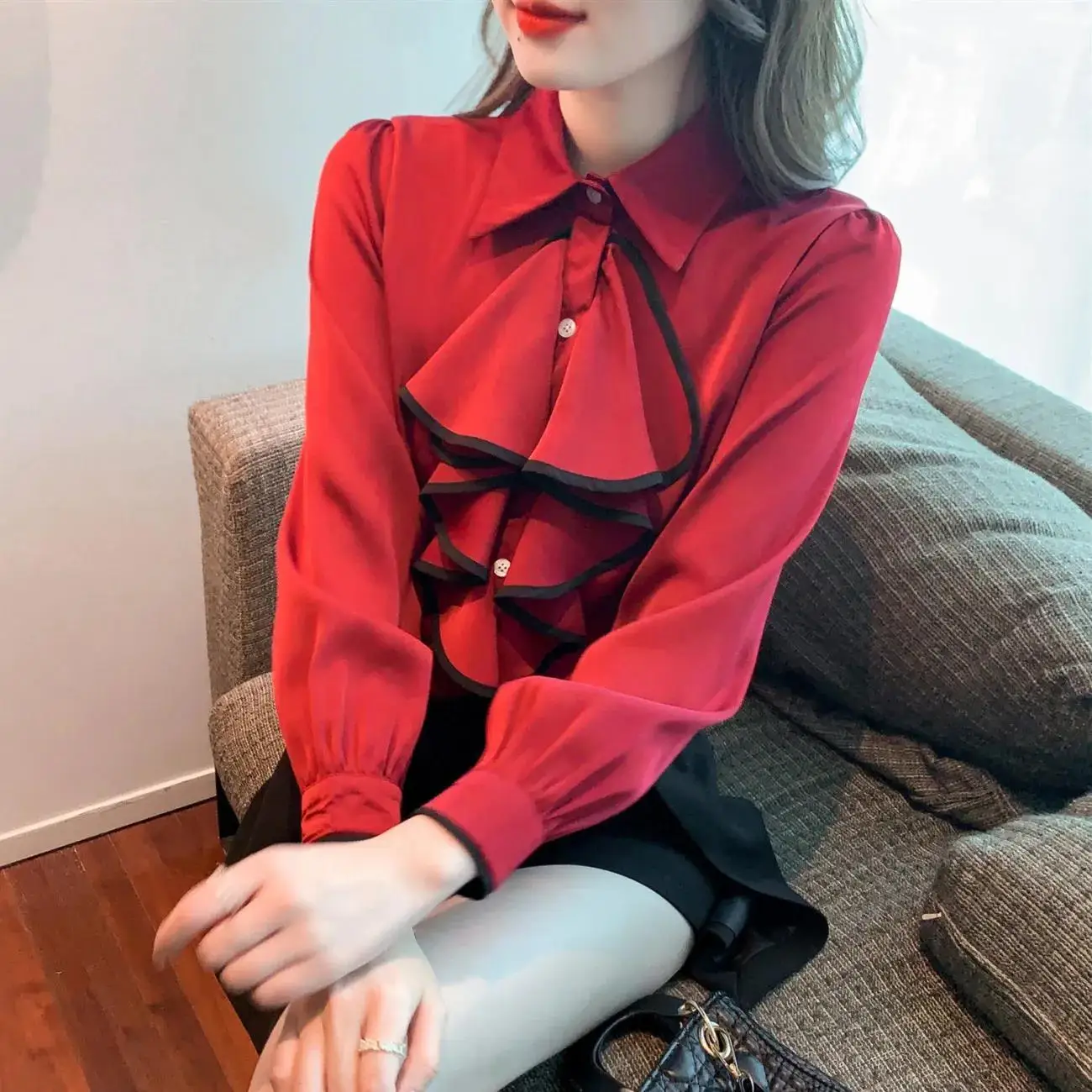 2023Spring Autumn Women Ruffles Chiffon Bottom Shirt & Blouse Feminine Long Sleeve Turn-down Collar OL Tops Femina Blusa A769