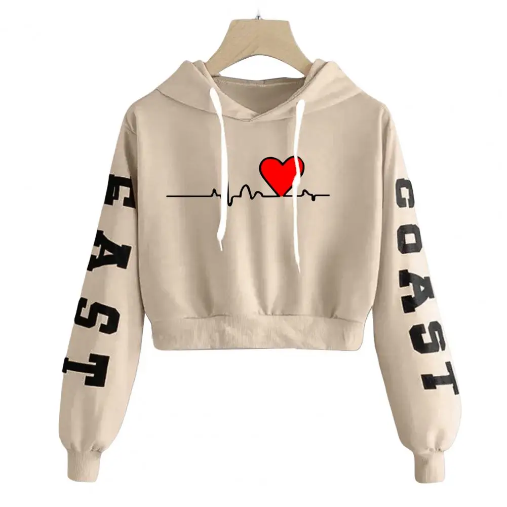 

Ribbed Cuff Cotton Blend Keep Warm Letter Heart Printing Autumn Pullover Women Clothing Hooded Sweatshirt for Dating