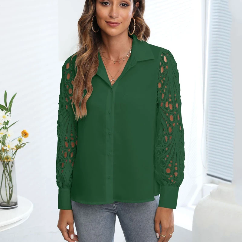 

Повседневная модная кружевная блузка, женская шифоновая Новинка 2023, модная женская рубашка с длинным рукавом и вырезами, офисные топы на пу...