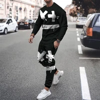 2022 mens summer new fashion casual two piece o neck blouse drawstring trousers sportswear personality printed mens clothing