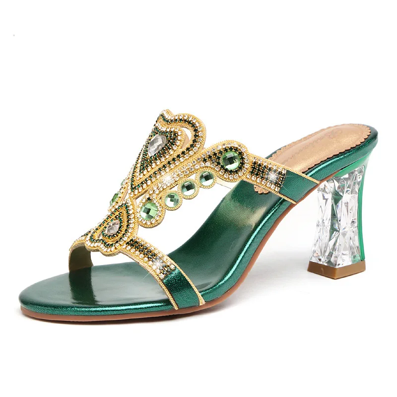 

New Women Slippers Patent Leather 5.8CM Square Heel Round Toe Slip-On British Style Street Style Flower Rhinestones Womens Shoes