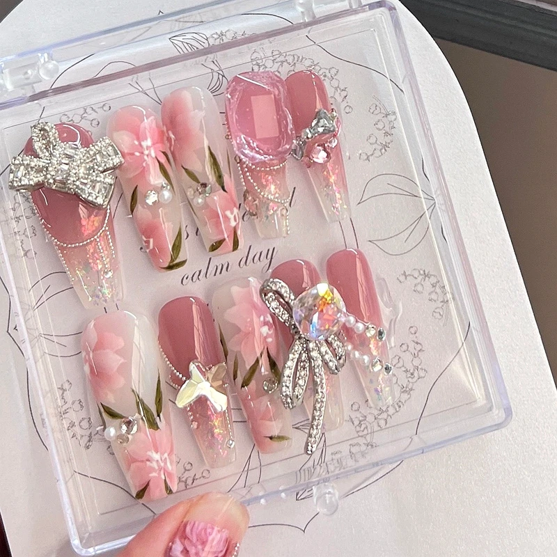 

Handmade Rose Flower Luxury Fake Nail With Glue Glittery Rhinestone Press On Nails Art Reusable Long Coffin False Nail Tips Gift