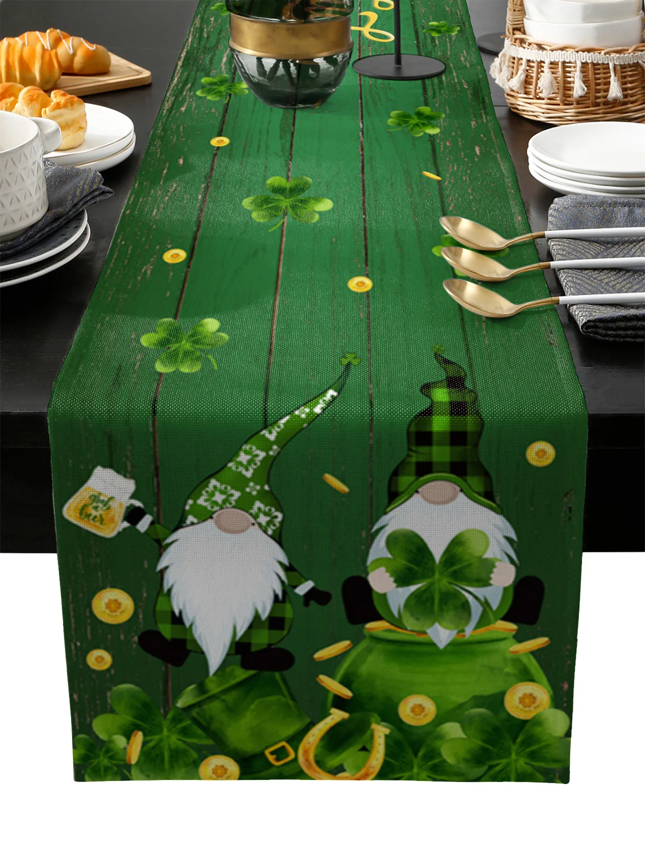 

Saint Patrick Green Clover Gnome Table Runner Wedding Festival Table Decoration Home Decor Kitchen Table Runners Placemats