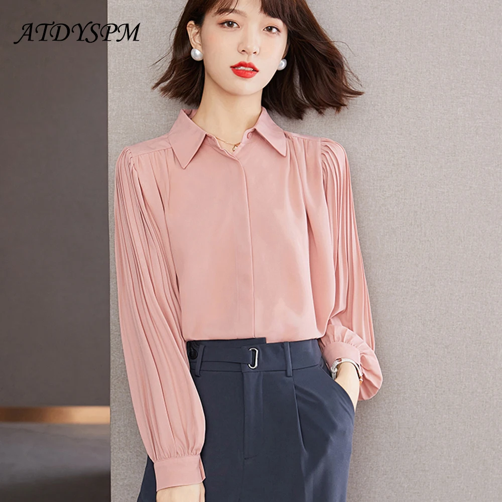 

New Loose Sweet Pink Shirts Women Elegant Pleated Lantern Sleeve BlousesTops Women Ladies Streetwear Fashion Women Blouses 2022