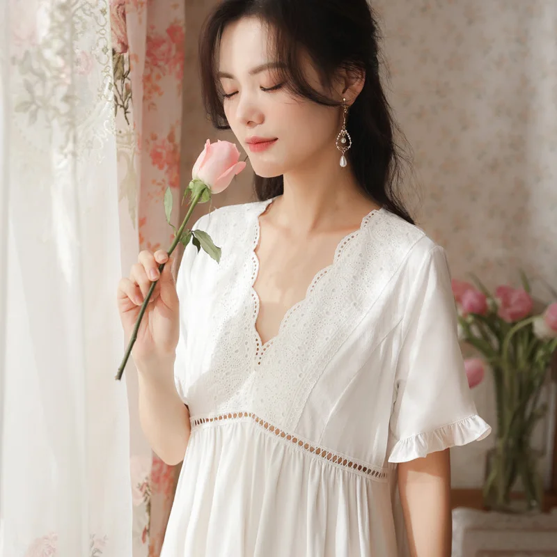 

Nightdress Short Sleeve New Cotton Women Summer Long Court Style Sweet Princess Sexy V-neck Lace Pajamas Home Clothes White