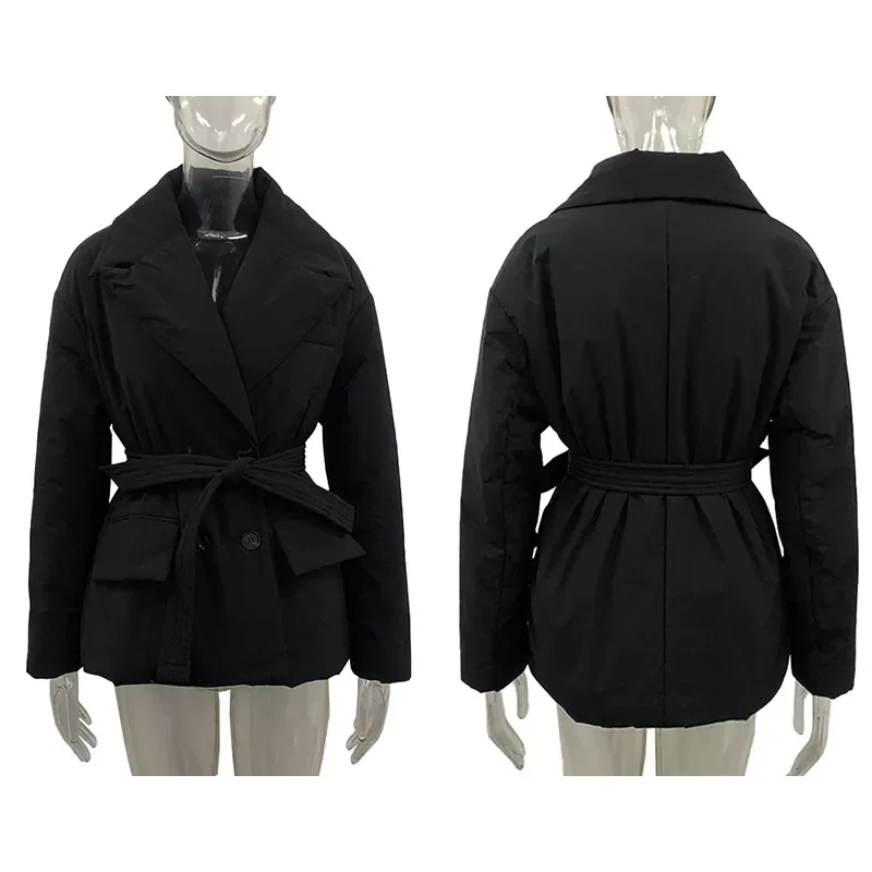 New2022 Simple Pockets Parkas Women Fashion Double Breasted Coats Women Solid Tie Belt Notched Cotton Jackets Ladies