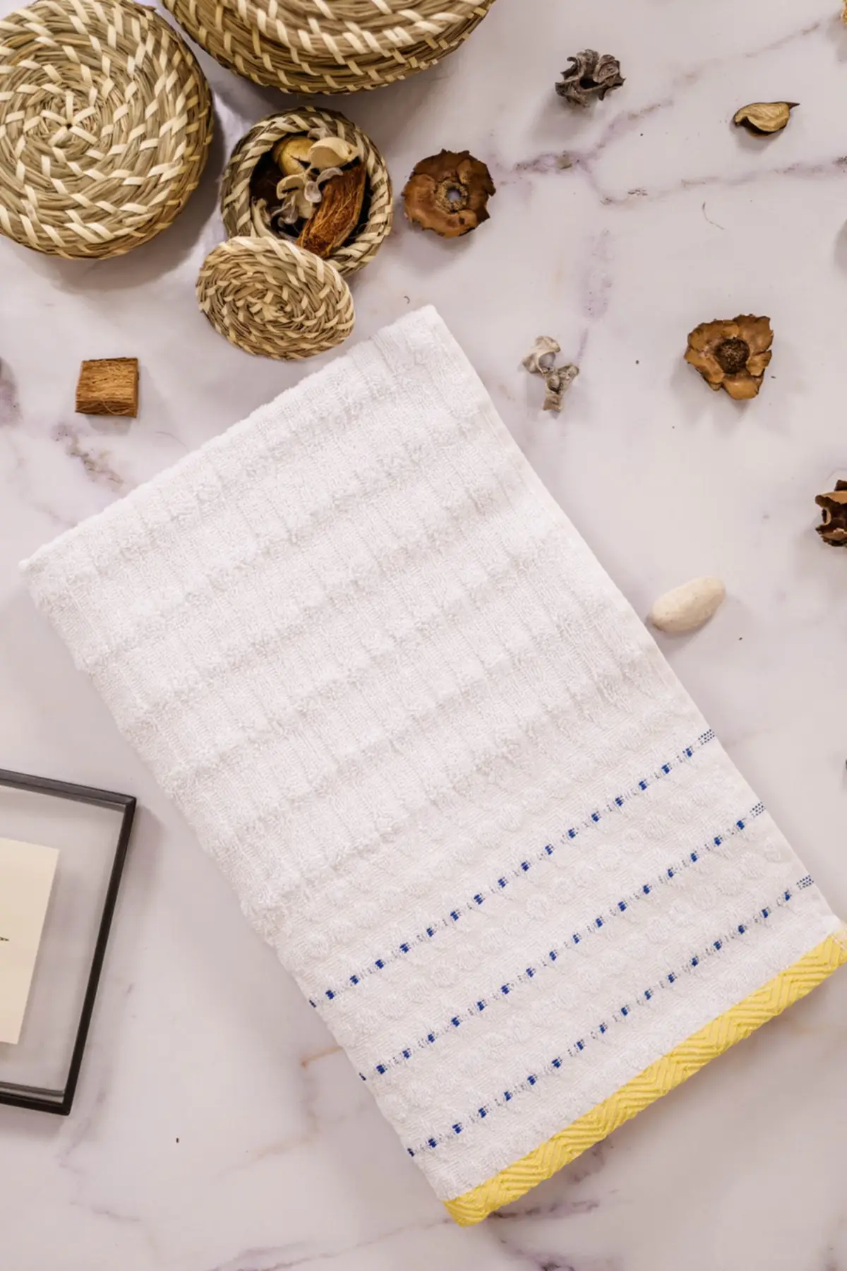 Wavy Striped Pattern Jacquard White Color Border Blue And Yellow Hand And Face Towel
