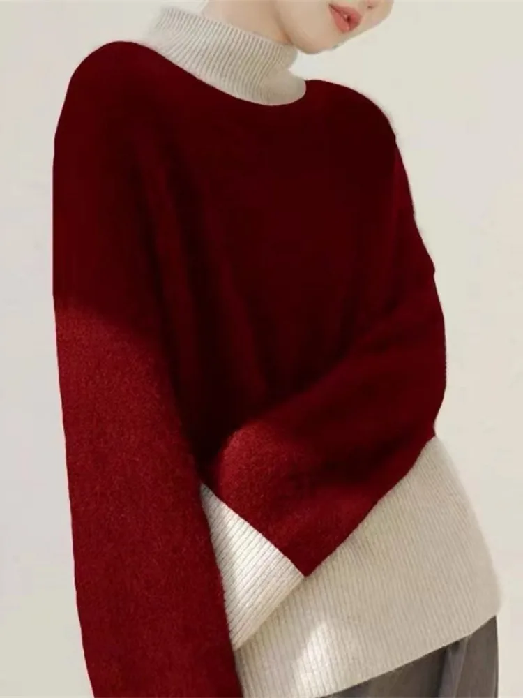 Пуловеры контрастных цветов женская одежда повседневный джемпер с полувысоким