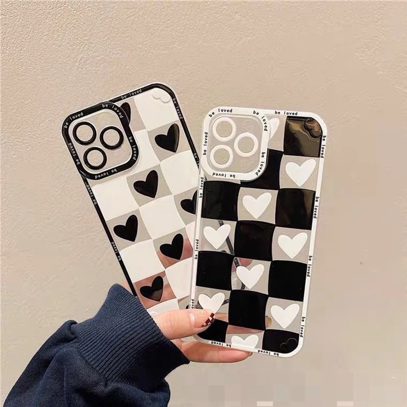 

black and white square heart luxury fashion Phone Case For iphone 13 12 11 8 7 plus mini x xs xr pro max Transparent soft cover