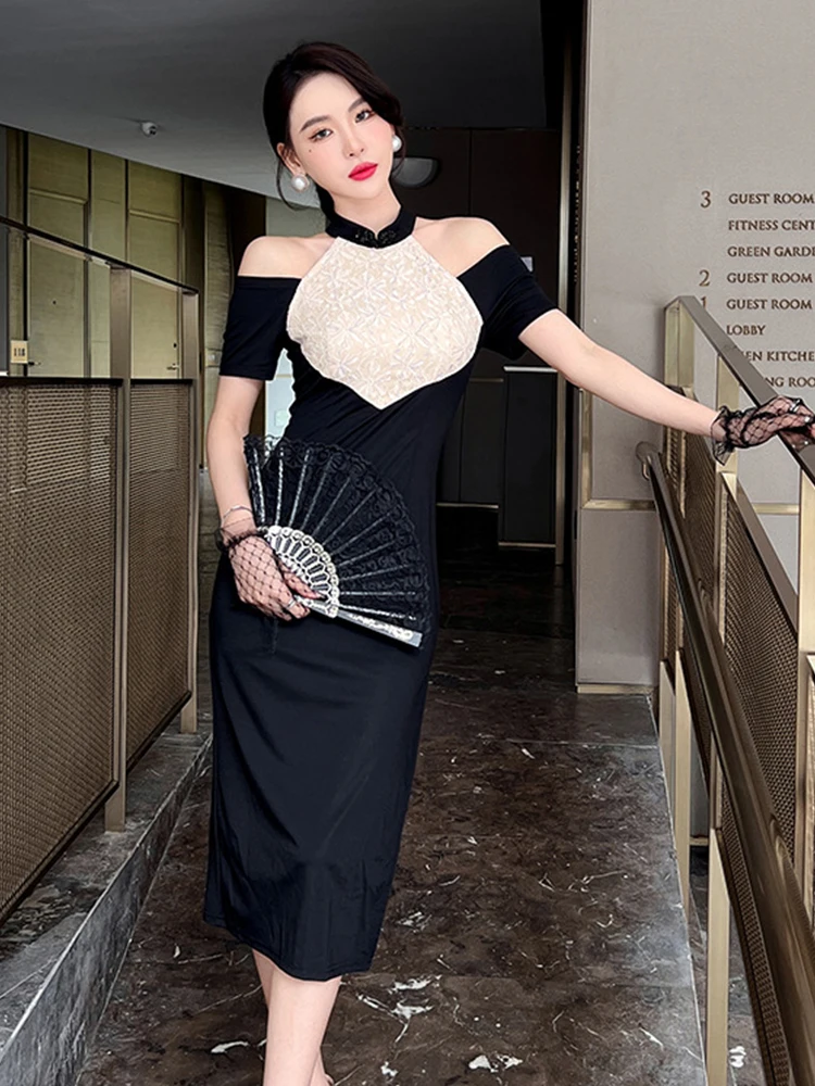 Элегантное женское платье с открытыми плечами Кружевное облегающее средней