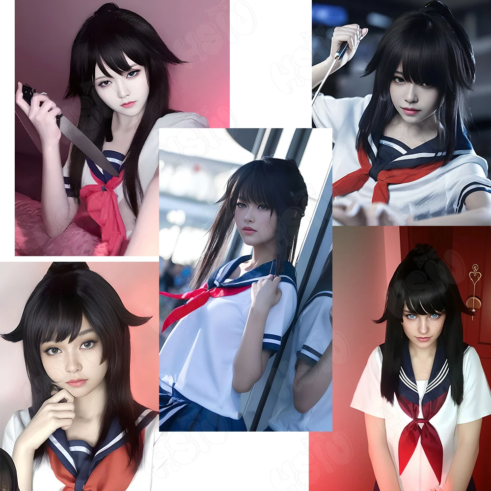 Фото Ayano Aishi Cospaly Wig Синтетический парик из волокна「HSIU」Длинный черный парик 60 см + шапочка для парика Игровой yandere Simulator Парик Ayano Aishi №2