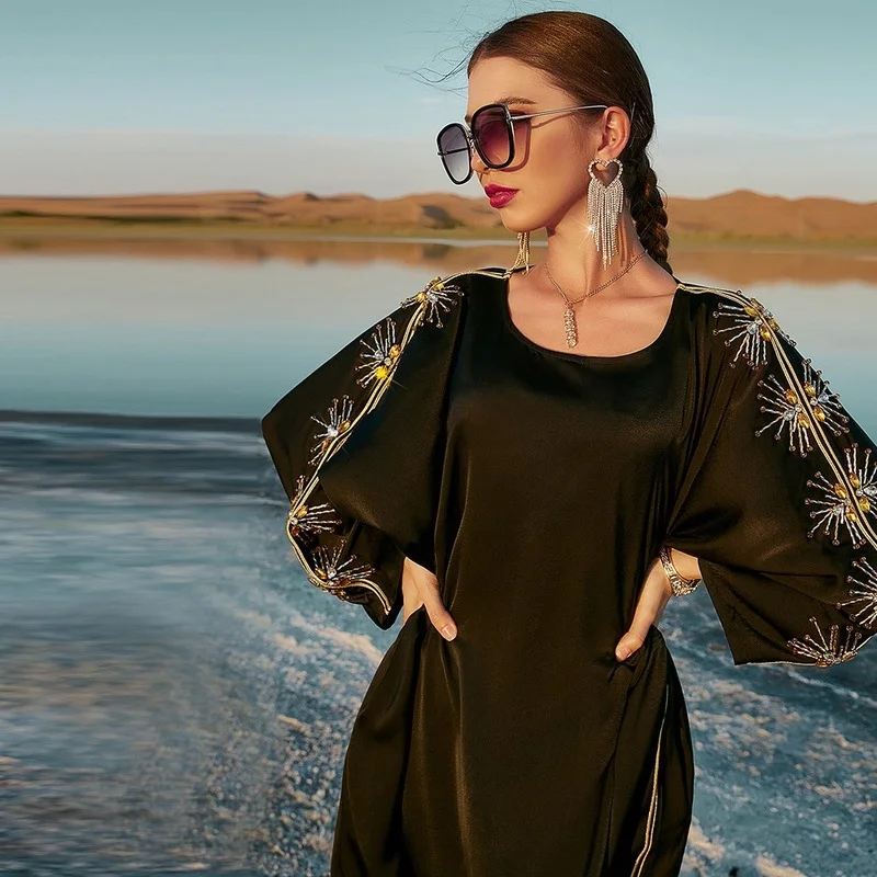 Handwork Diamonds Moroccan Caftan Black Satin Abaya Batwing Cape Evening Party Dress Women Islam Clothing Jalabiya Muslim Kaftan