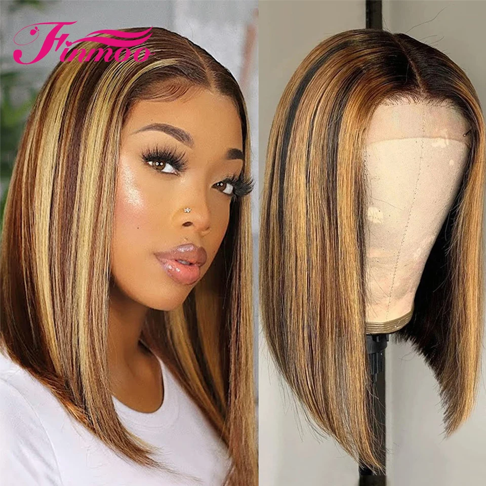 Straight Short Bob Wig Lace Front Wig Highlighted Lace Frontal Human Hair Wigs For Women Honey Blonde T Part Lace Wig Human Hair