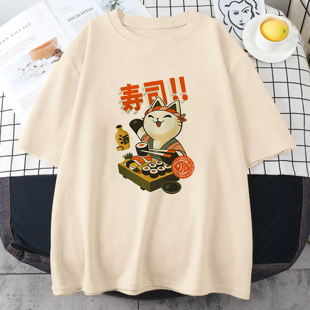Ukiyoe Kanji Cat футболка в японском стиле хлопковая женская высокого качества с