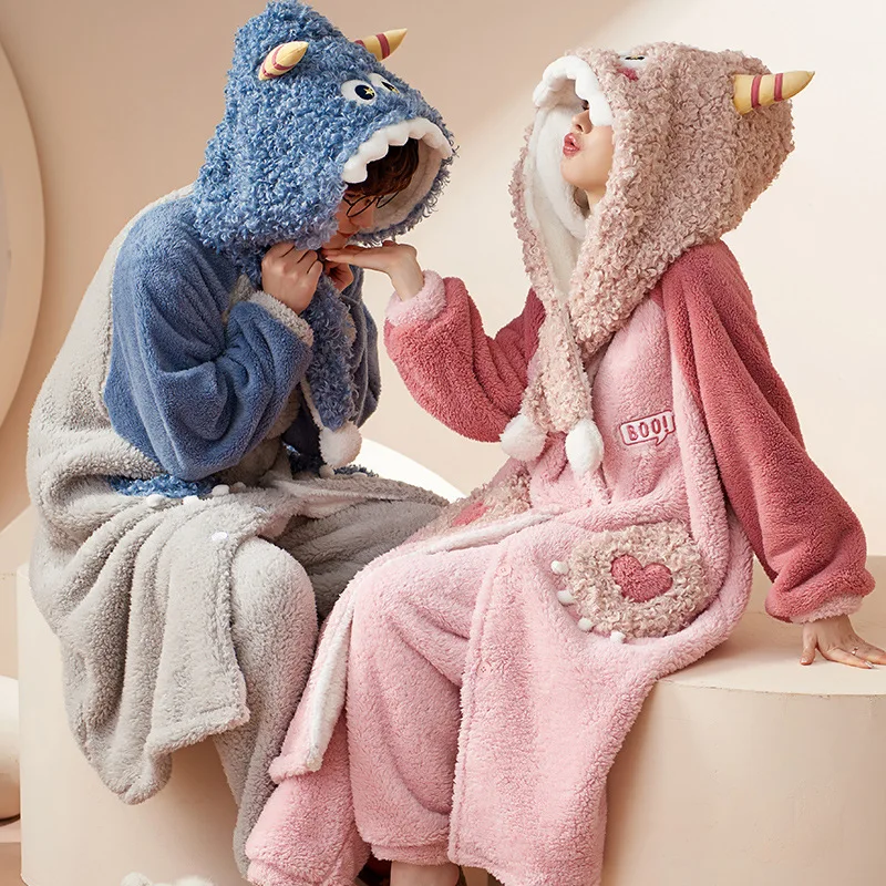 Cartoon Sleepwear Animal Cosplay Flannel Pajamas Sets Women Winter Nightgown Suit Thicken Warm Bathrobe Casual Loose Nightwear