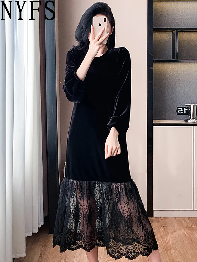 Женское длинное платье NYFS свободное в Корейском стиле с кружевным подолом осень