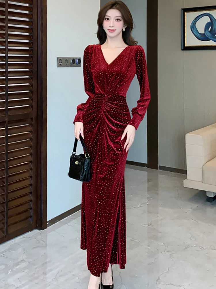 2025 фиолетовое бархатное шикарное платье макси с блестками в горошек женское