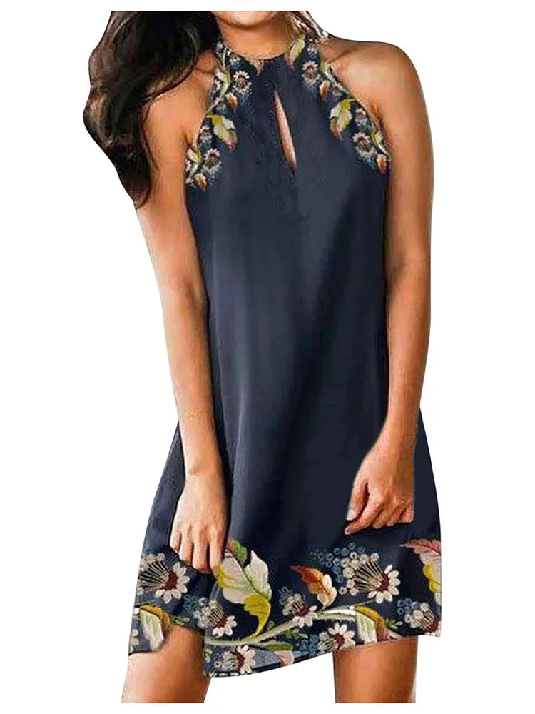 

Summer Women's Sexy Halter Neck Off The Shoulder Printed Sleeveless Dresses Fashion Hollow O Neck Temperament Woman Office Dress