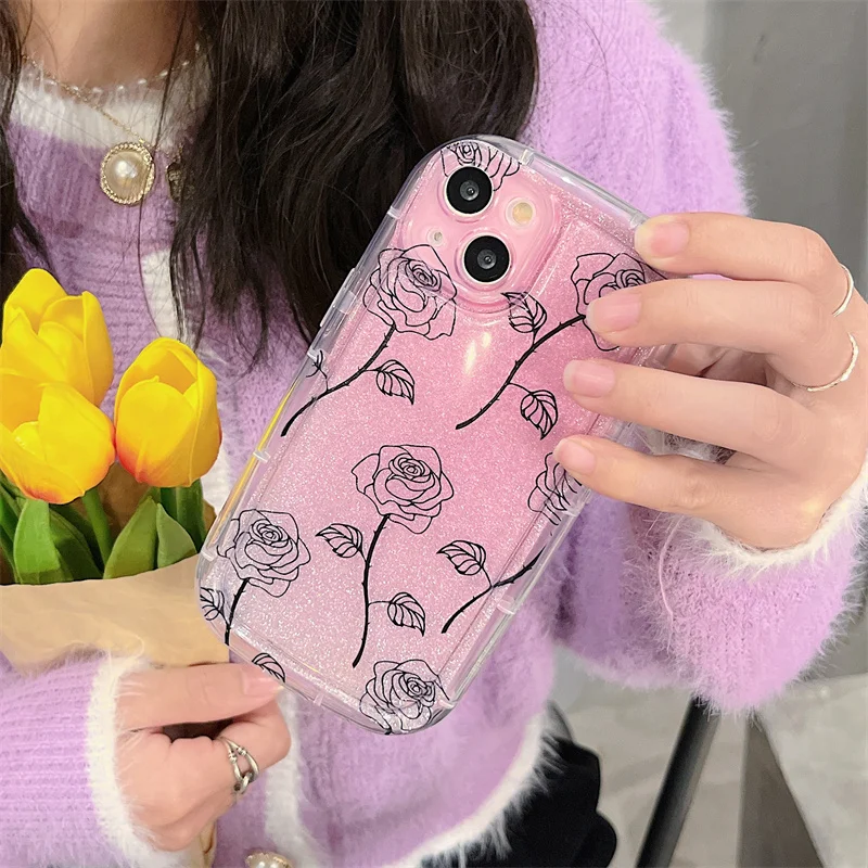 

Gradient Color Painting Roses Pattern Phone Case For iPhone 14 12 13 11 Pro Max X XR XS Max 7 8 14 Plus Glitter Soft TPU Cover