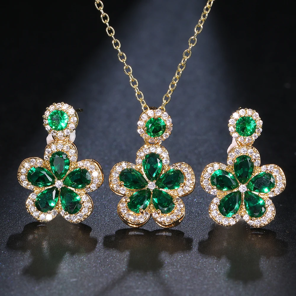 

PTQASP CANPEL Fashion Green Zircon Gold Plated Flower Necklace Earrings Sets Women Wedding Party Christmas Gift Wedding