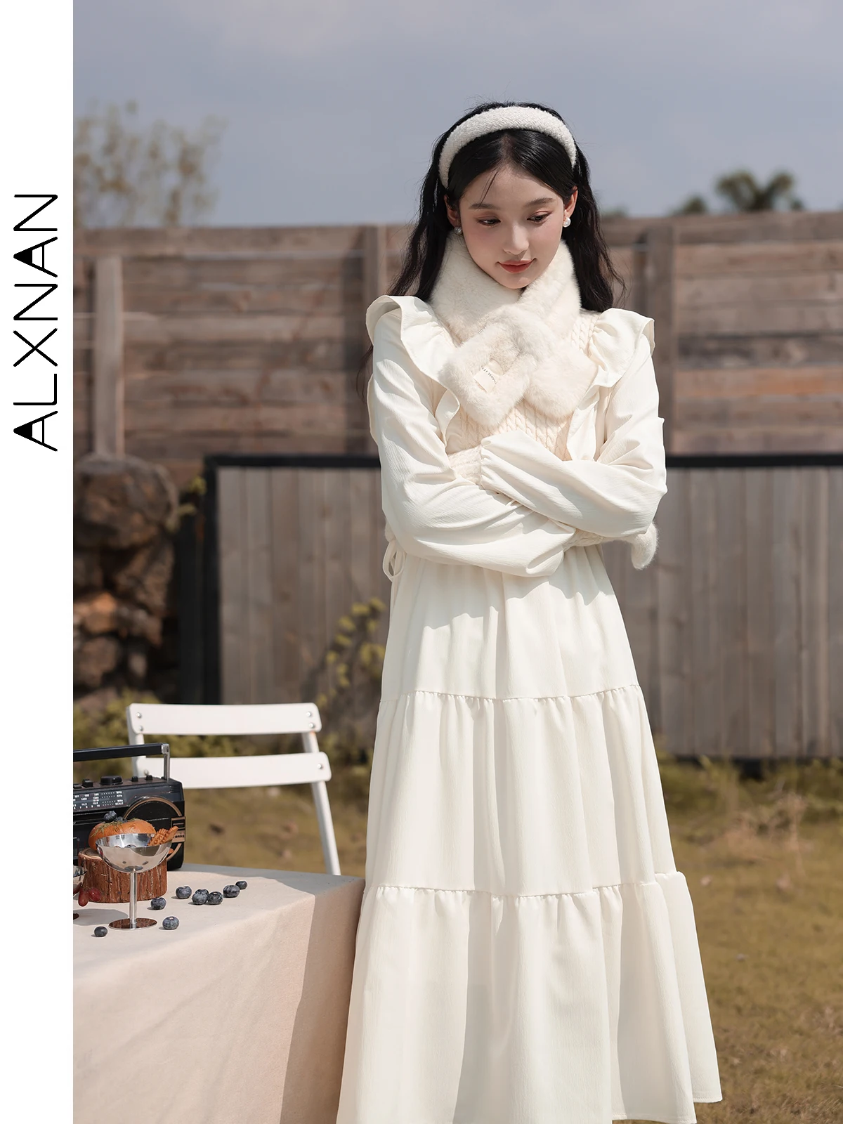 ALXNAN белое платье во французском стиле для женщин 2024 осень-зима новые лоскутные