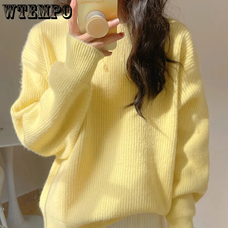 

Свитер WTEMPO кремовый, пуловер с круглым вырезом, осенне-зимний Свободный Повседневный джемпер, теплая трикотажная однотонная женская кофта ...