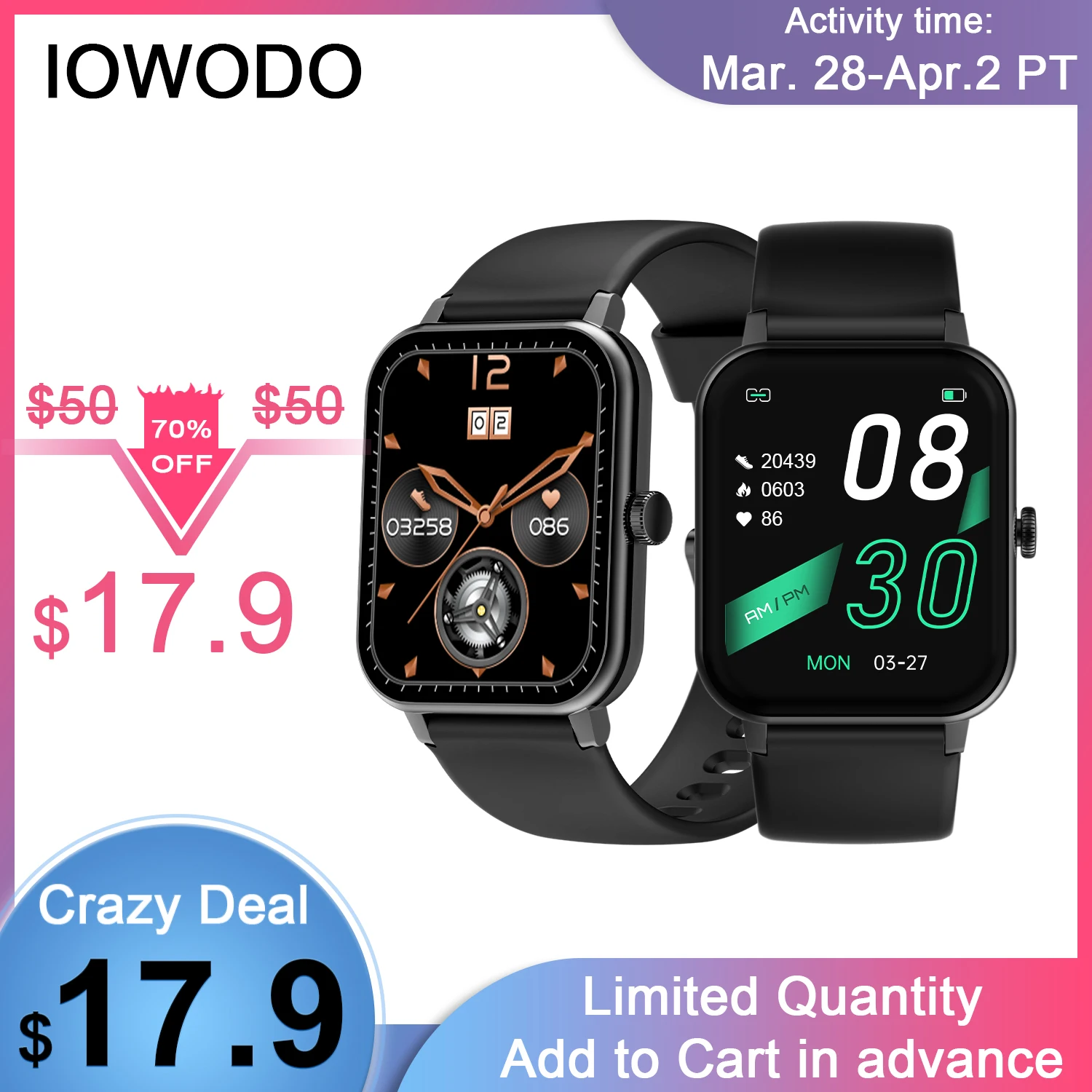 

Смарт-часы IOWODO 2021 для мужчин и женщин, 1,69 дюйма, сенсорный экран, фитнес-трекер, IP67, водонепроницаемые, GTS 2 2e, Смарт-часы pk P8 Plus Y20