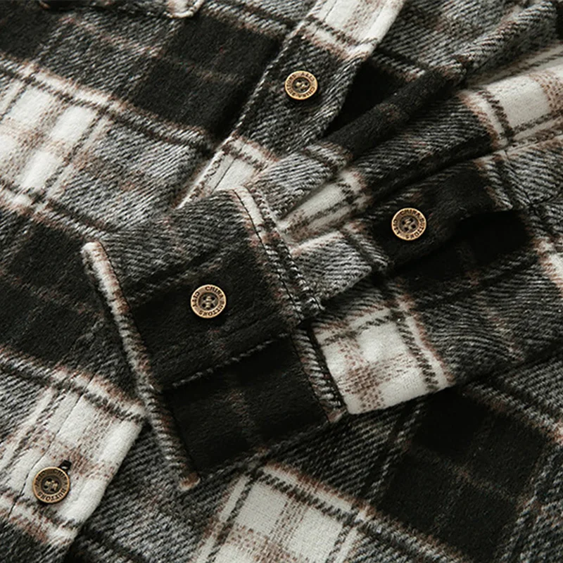 2022 New Men Casual Plaid Flannel Shirt Long-Sleeved Chest Two Pocket Design Fashion Printed-Turn-down Collar Button Shirt S-2XL