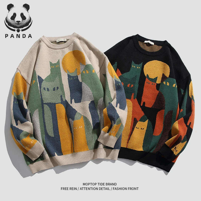 2022 Japanese Harajuku Vintage Sweater Men  Autumn Winter New Cartoon Loose Knitted Sweater Hip Hop Streetwear Knitwear Pullover