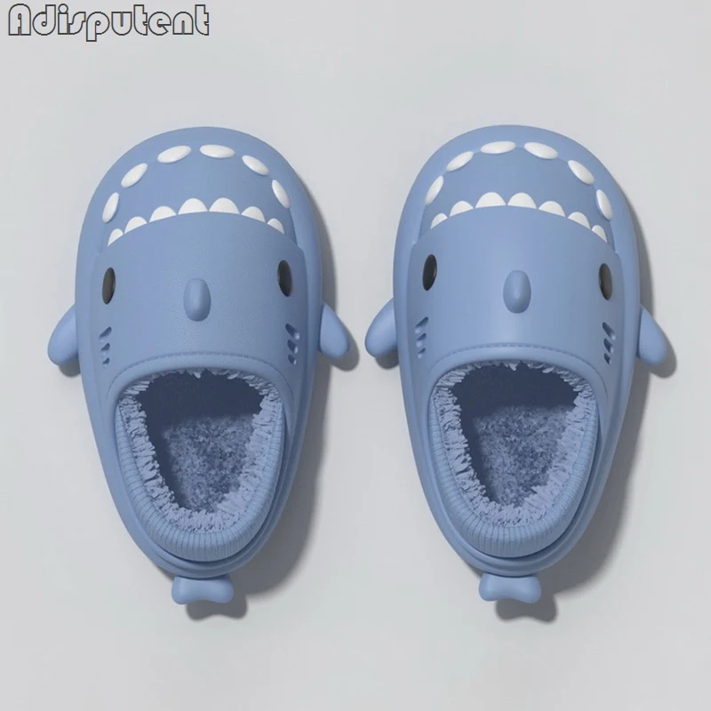 

Toddler Kids Warm Winter Slippers Cartoon Shark Cotton Shoes Children Waterproof Furry Lining Slides Couple Home Cotton Slippers