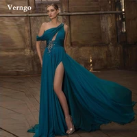 verngo dark blue silk chiffon evening dresses one shoulder beads beach party dresses women high slit sexy prom gowns new 2022