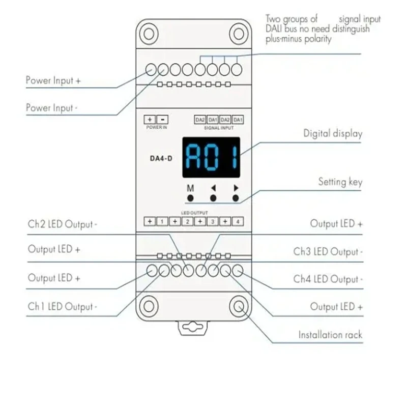 Диммер CV 12–24 В постоянного тока DA4-D (Din Rail) (DT6) 4Chx5a PMW Диммирование 4 X (60–120 Вт