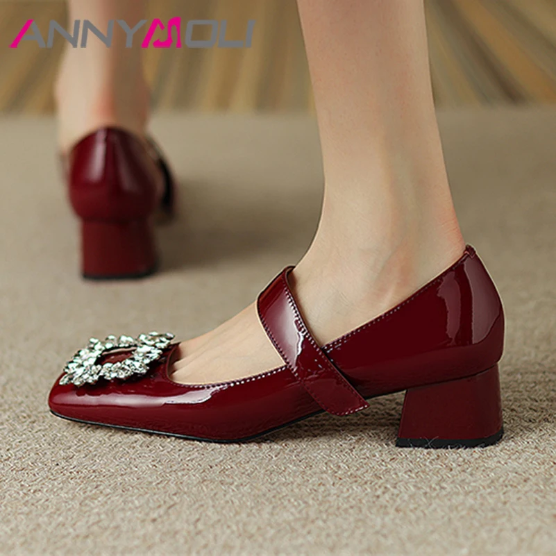 

ANNYMOLI Genuine Leather Women Mary Janes Shoes Chunky Heels Crystal Pumps Square Toe Med Heel Lady Spring New Footwear Wine Red