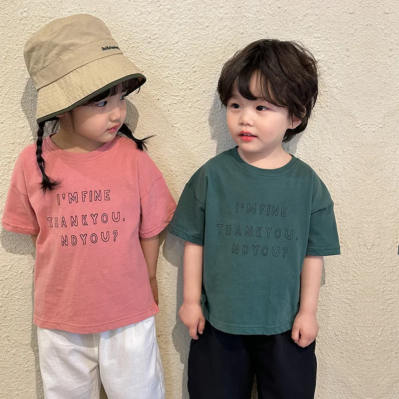 

Kids short sleeve T shirts Summer 2023 Letters printed Tees Boys and girls loose cotton Tops