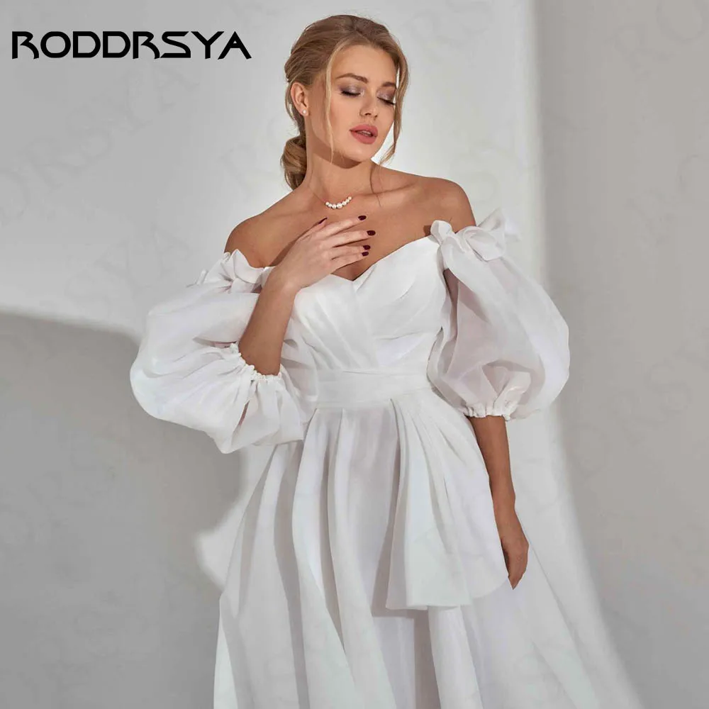 Фото Женское свадебное платье RODDRSYA, элегантное ТРАПЕЦИЕВИДНОЕ платье с открытыми плечами, рукавами-фонариками и разрезом, официальное Тюлевое платье с открытой спиной Свадебное платье на плечах  Пышные рукава элегантное №3