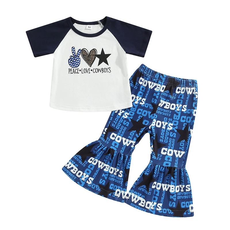 

Toddler Girls Flare Pants Outfit Short Sleeve T-Shirt and Flower Bell Bottoms for Kids Summer Clothes Set