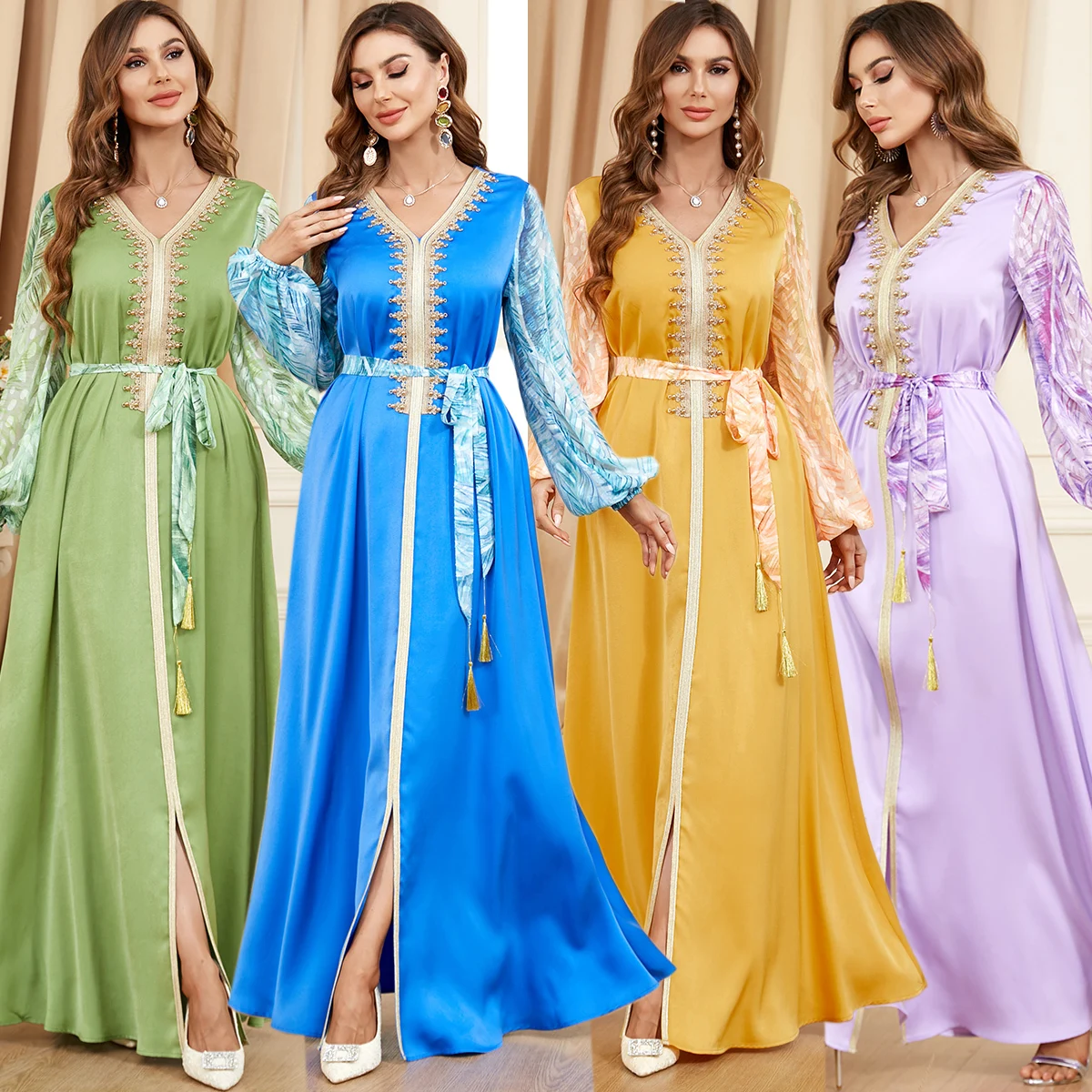 Abaya Muslin Women Dress V-neck Kaftan Eid Mubarak Kaftan Dubai Abaya Turkey Muslim Moroccan Caftan Fashion Evening Dress