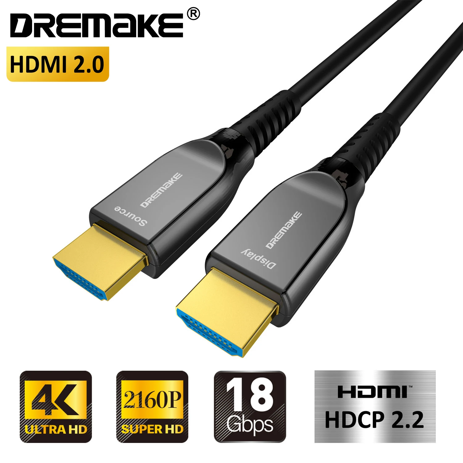 4K@60Hz Fiber Optic 2.0 HDMI-compatible One Way Cable Support 18Gbps HDR HDCP2.2 3D for Blu-ray/TV Box/Projector/Home Theater