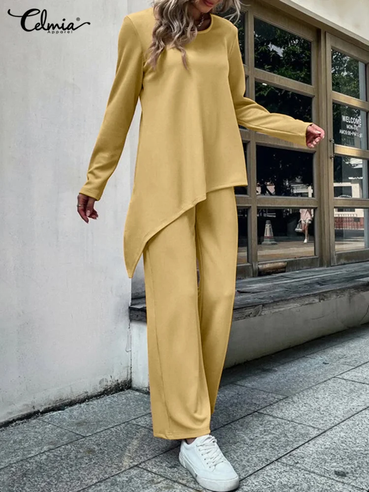 

Celmia Women Knitted 2 PCS Outfits Autumn Streetwear Asymmetrical Long Top and Wide Leg Pant Fashion Elastic Waist Pants Sets