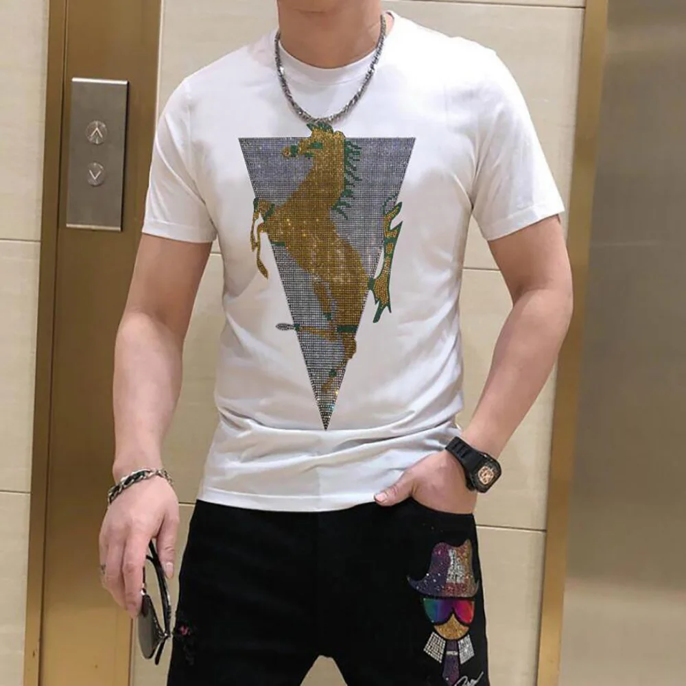 

Fashion Rhinestones T Shirt Men Clothing 2022 New Trend O Neck Short Sleeve Slim Summer Thin Casual T-shirts 087