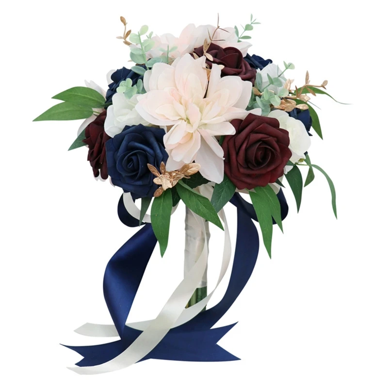 

Wedding Bouquet Pink Burgundy & Blue Roses Bridal Wedding Hand Bouquet Bridesmaid Holding Artificial Fake Flowers