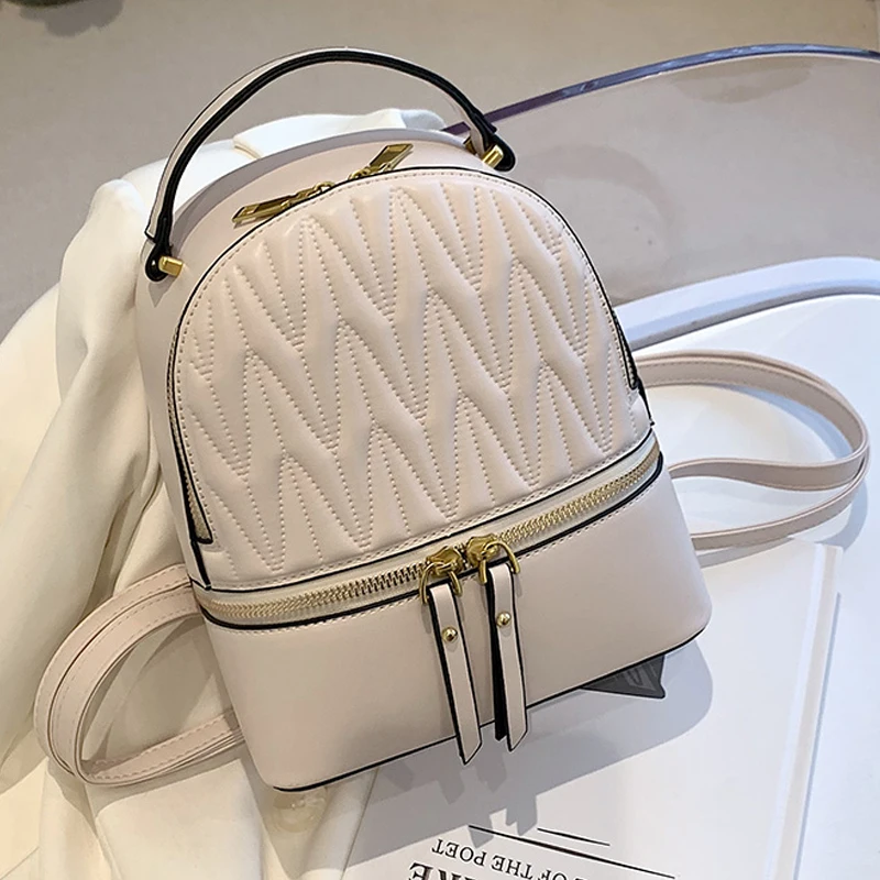 

Fashion Women's Quilted Simple Backpacks 2022 New Double Zipper Small Shoulder Bag for Girls Solid Color School Casual Backpacks