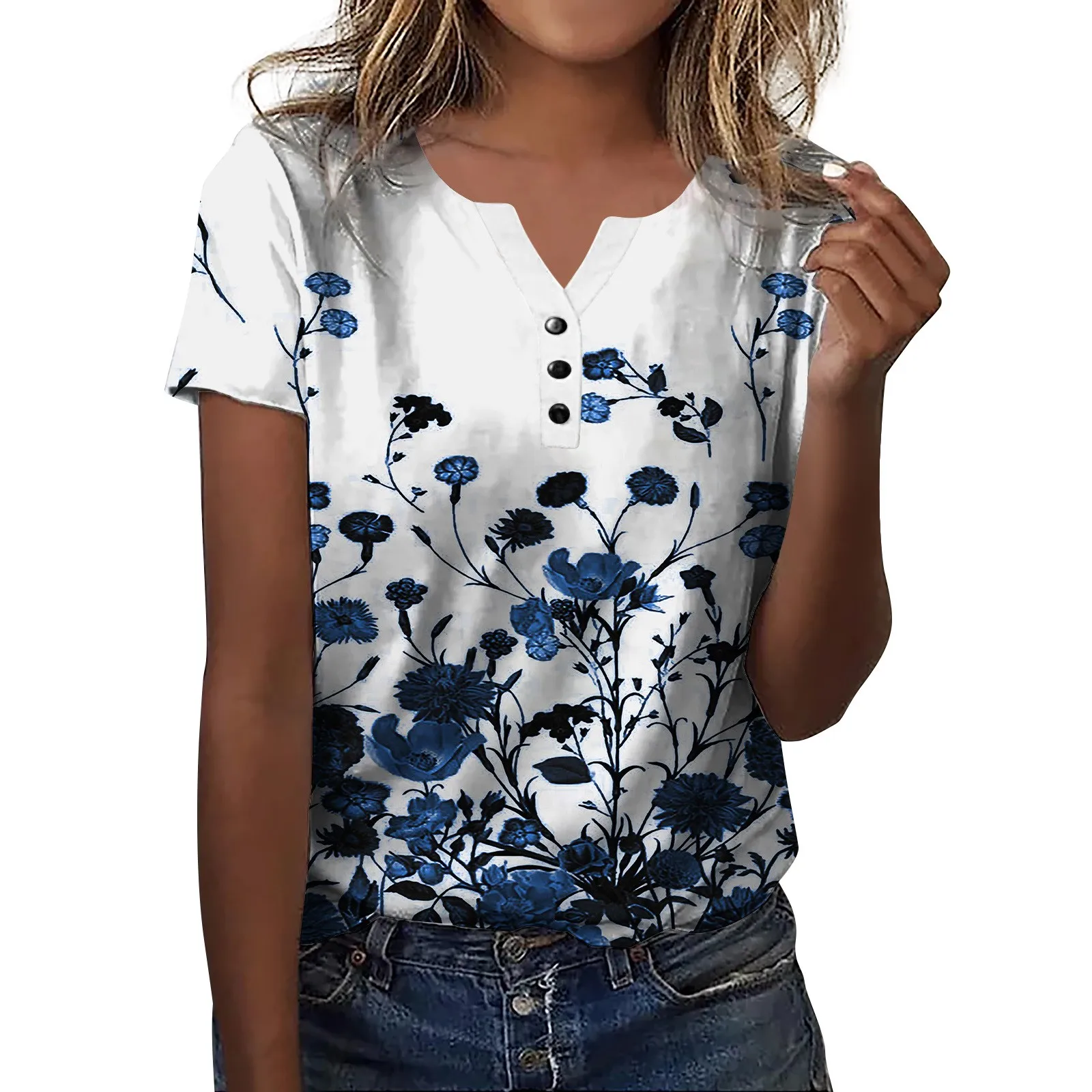 

Women'S Summer T-Shirt Flower Printing Patchwork Collar Button Short Sleeve Casual Daily Basic Regular Tops Top Women Fashion